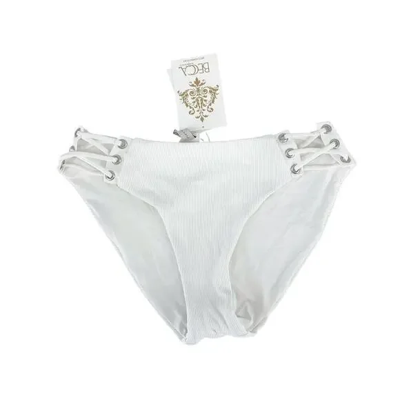Becca Ribbed Daniella Corset Side Hipster Bikini Bottom Size Medium White NWT - Picture 4 of 7